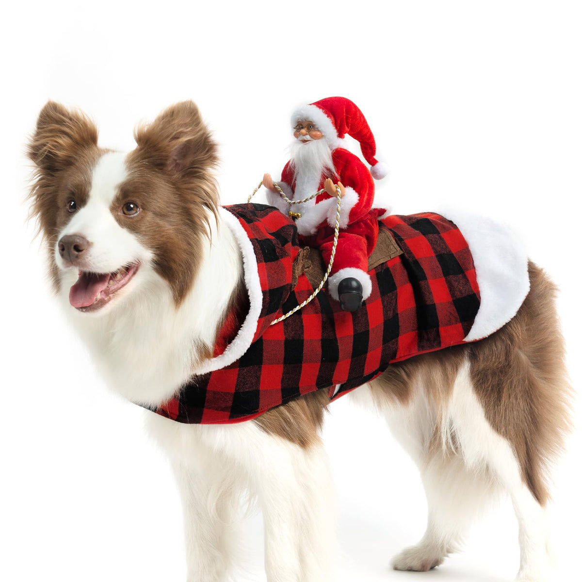 EXPAWLORER Dog Santa Costume - Dog Christmas Outfit Costume Holiday Dog Christmas Sweater Gift Plaid Dog Hoodie Santa Claus Riding Xmas Clothes for Medium Large Dogs X-Large