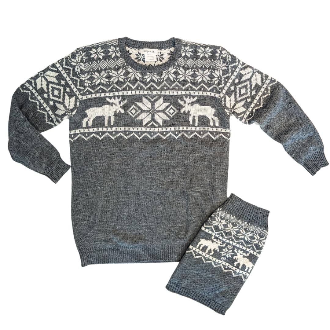 famjamjams Matching Pet & Owner Sweaters - 100% Acrylic Pet Parent Dog Twinning Holiday Ugly Christmas Sweater - Moose Grey Dog L Back Length 16" - Add Human Matching Sweaters to Cart Separately